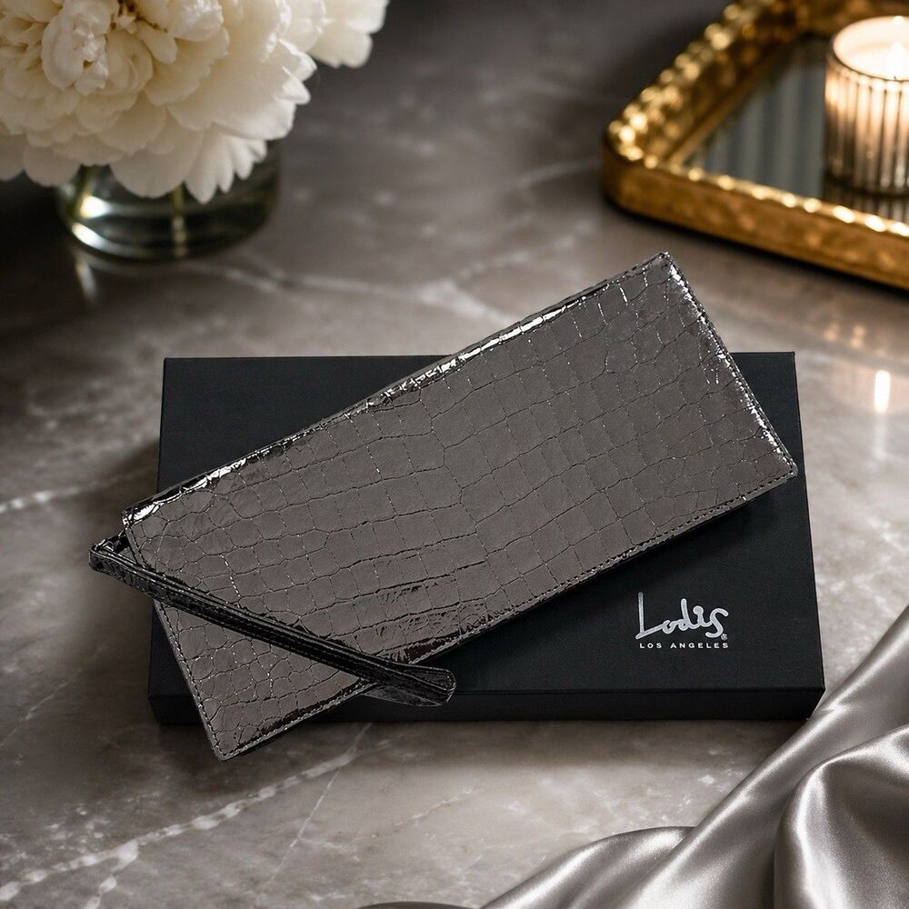 Lodis Metallic Silver Croc Embossed Leather Clutch Wristlet NWT w/ Box  $135